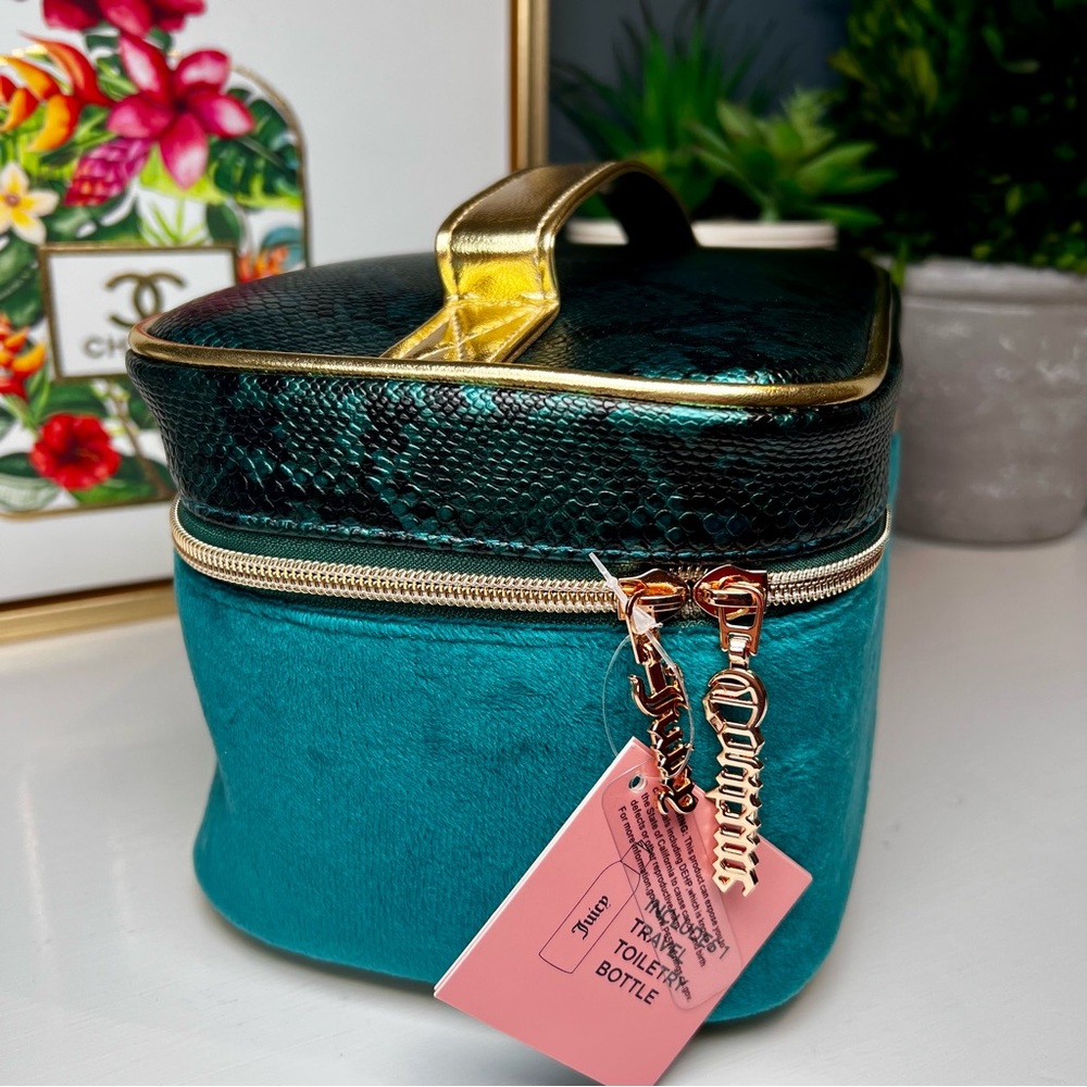 Juicy Couture Teal Velvet Snake Print Cosmetic Bag Gold Trim Rhinestones - Picture 4 of 10